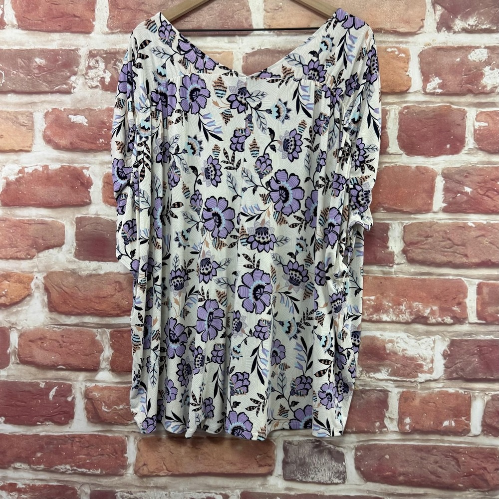 Lane Bryant Top Women's 26/28 Multicolor Floral Ruched Sleeve Casual Shirt - Picture 4 of 9